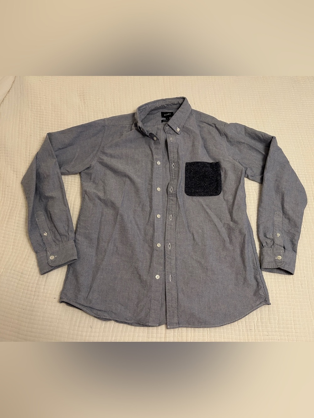 Beams Japan Classic Grey/Blue Button-Down Shirt with Contrasting Pocket